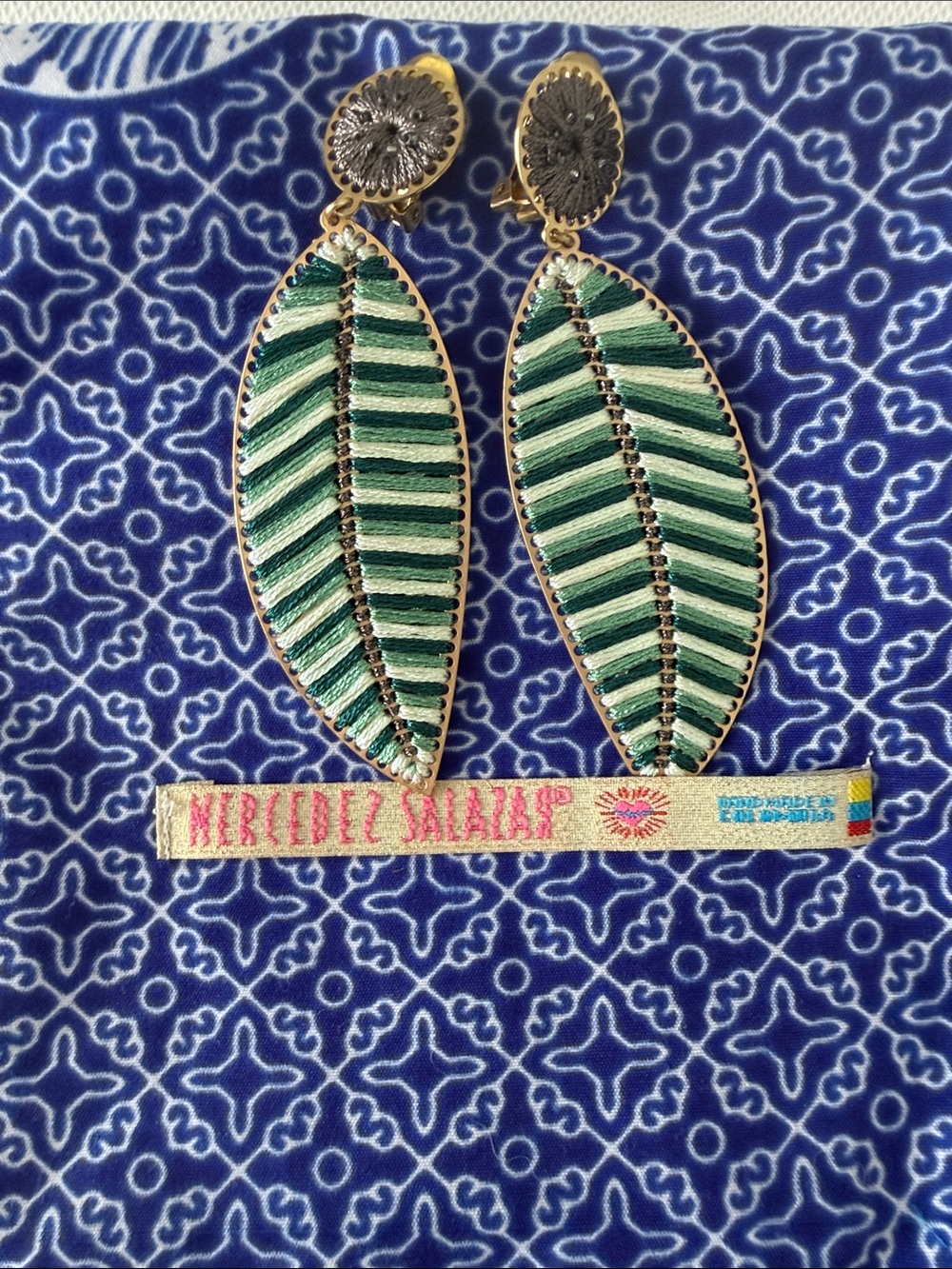 Mercedes Salazar Green Leaf Drop Earrings (clip on) with original bag